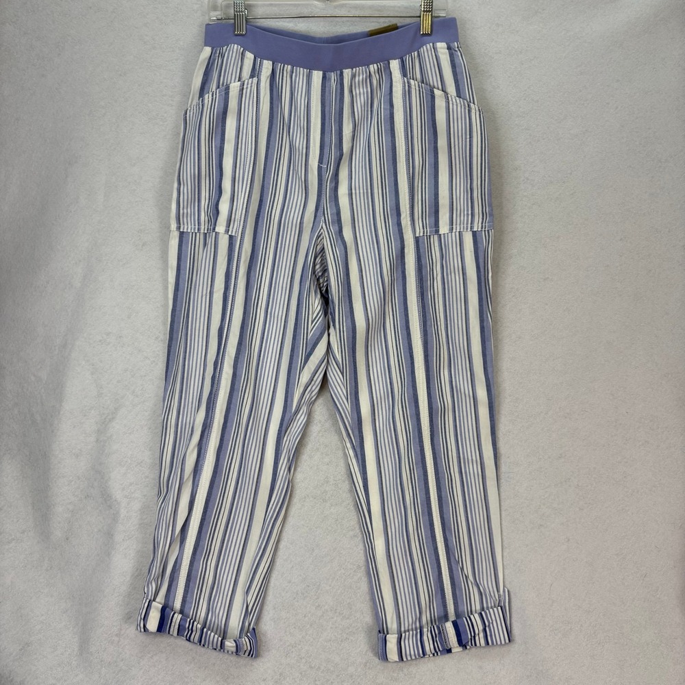 NWT Chico's Women Sz 1 (8) Blue Stripe Pull On Straight Crop Pants Relaxed Fit
